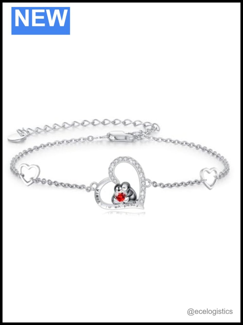 925 Sterling Silver Penguin Heart Charm Bracelet Adjustable